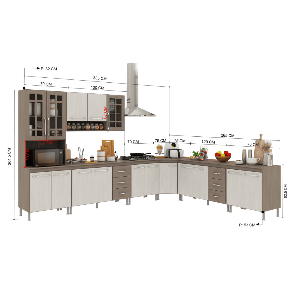 Armário de Cozinha Modulada Completa Fidelitá Paris 7 Peças 600cm 16 Portas 6 Gavetas com Tampo
