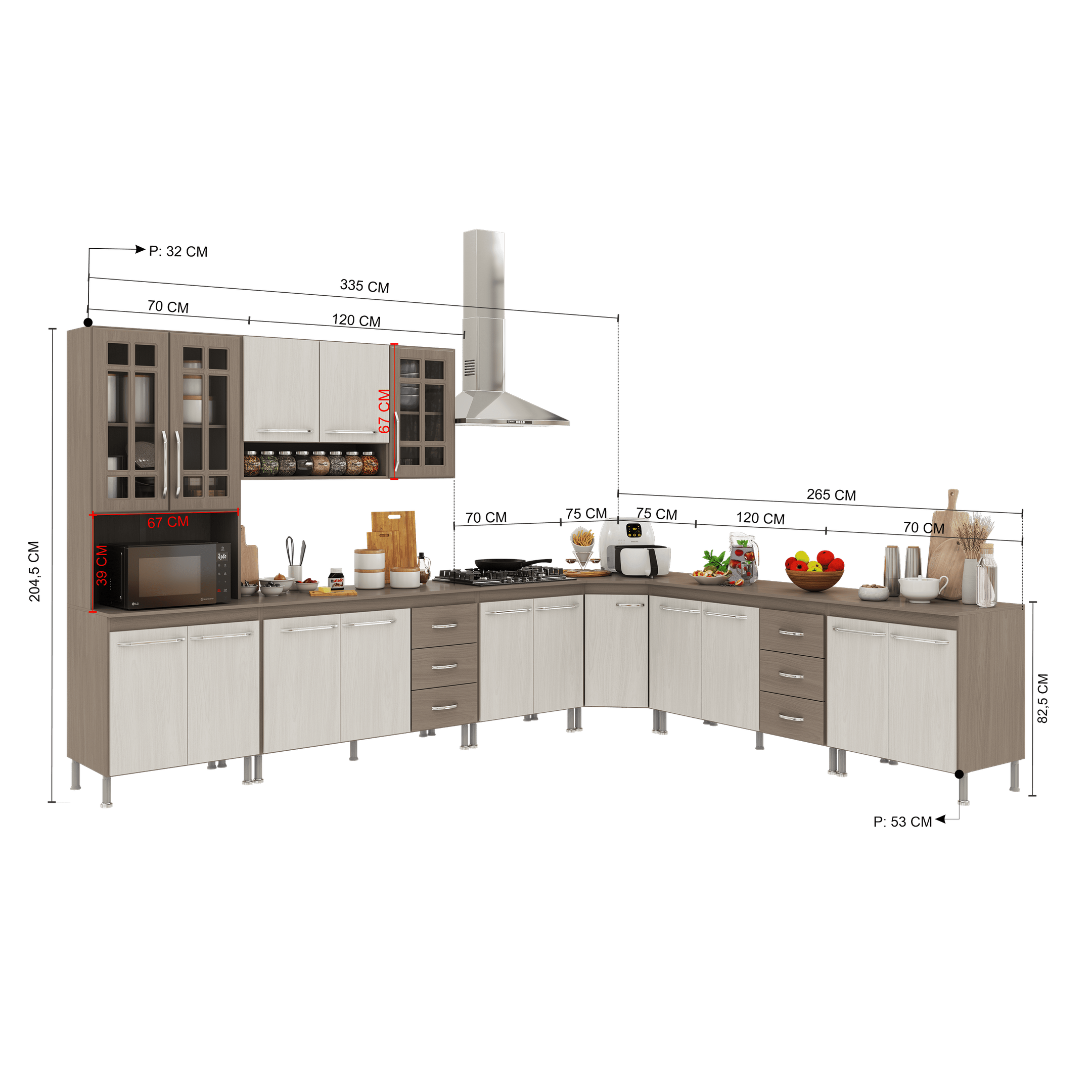 Armário de Cozinha Modulada Completa Fidelitá Paris 7 Peças 600cm 16 Portas 6 Gavetas com Tampo