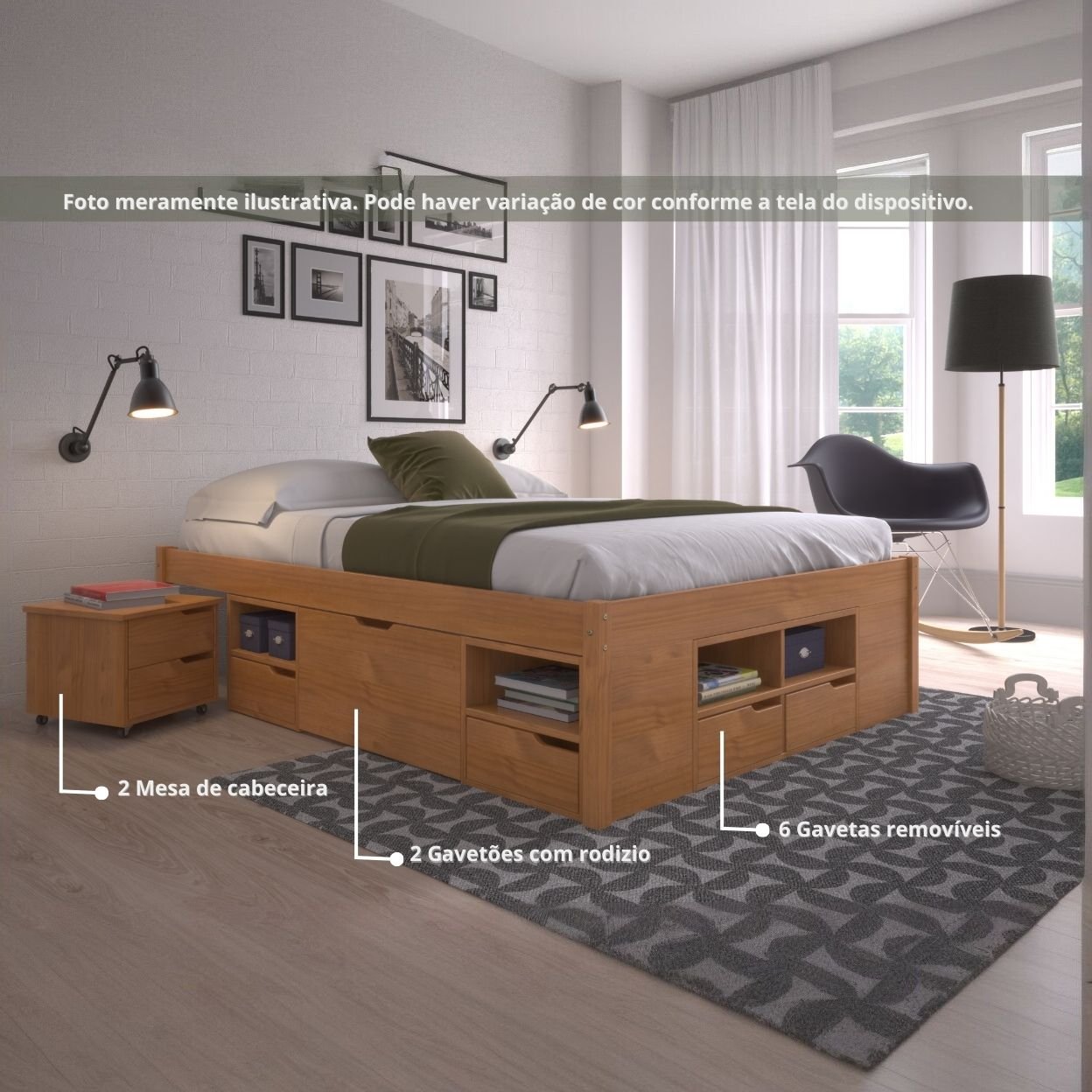 Cama Queen Multifuncional Madeira Maciça 6 Gavetas Charme Inter Link Marrom/Amendoa