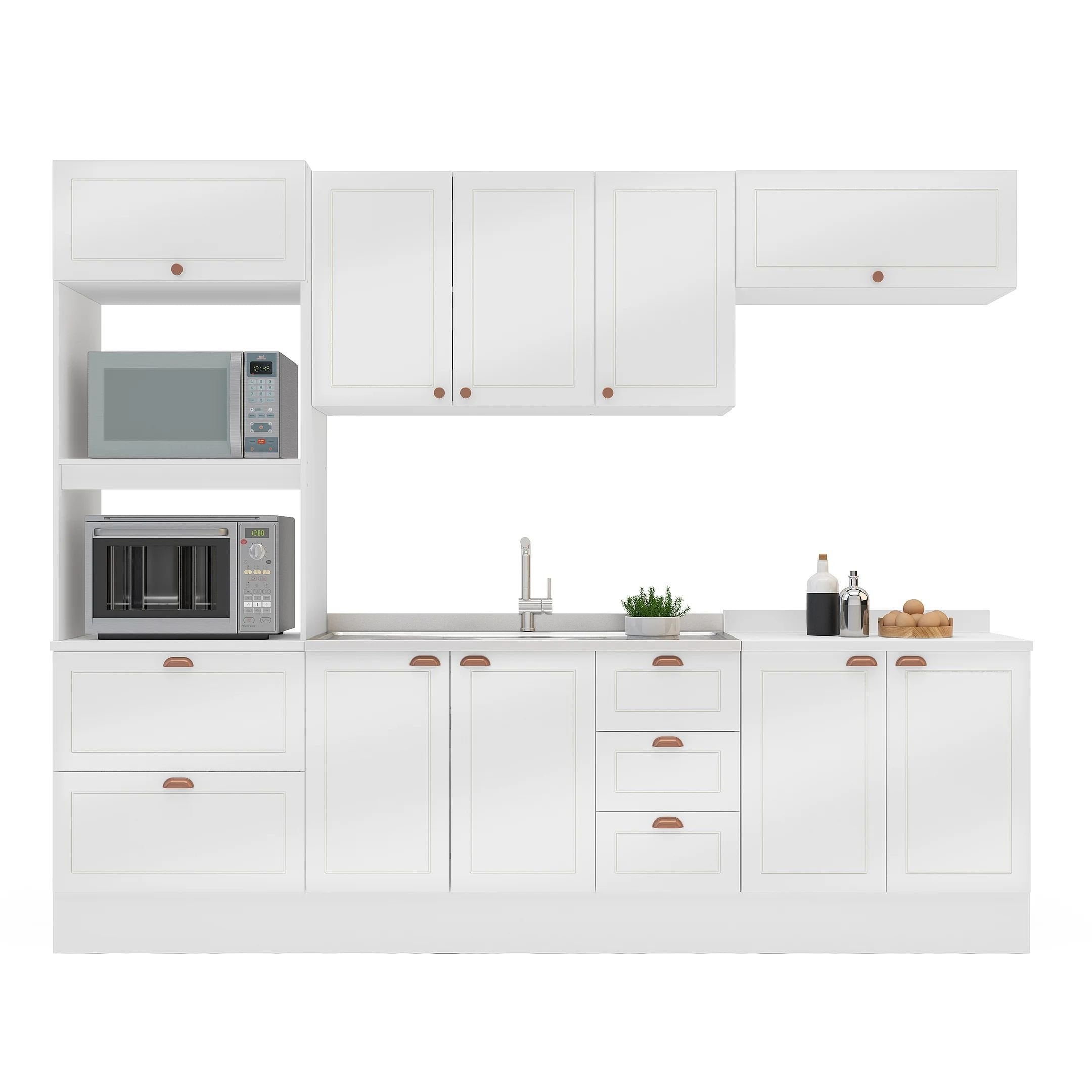 Cozinha Pérola com Rodapé 5 Peças Torre Quente Aéreo 3 Portas Balcão 120 Balcão 80 e Basculante Yescasa Branco