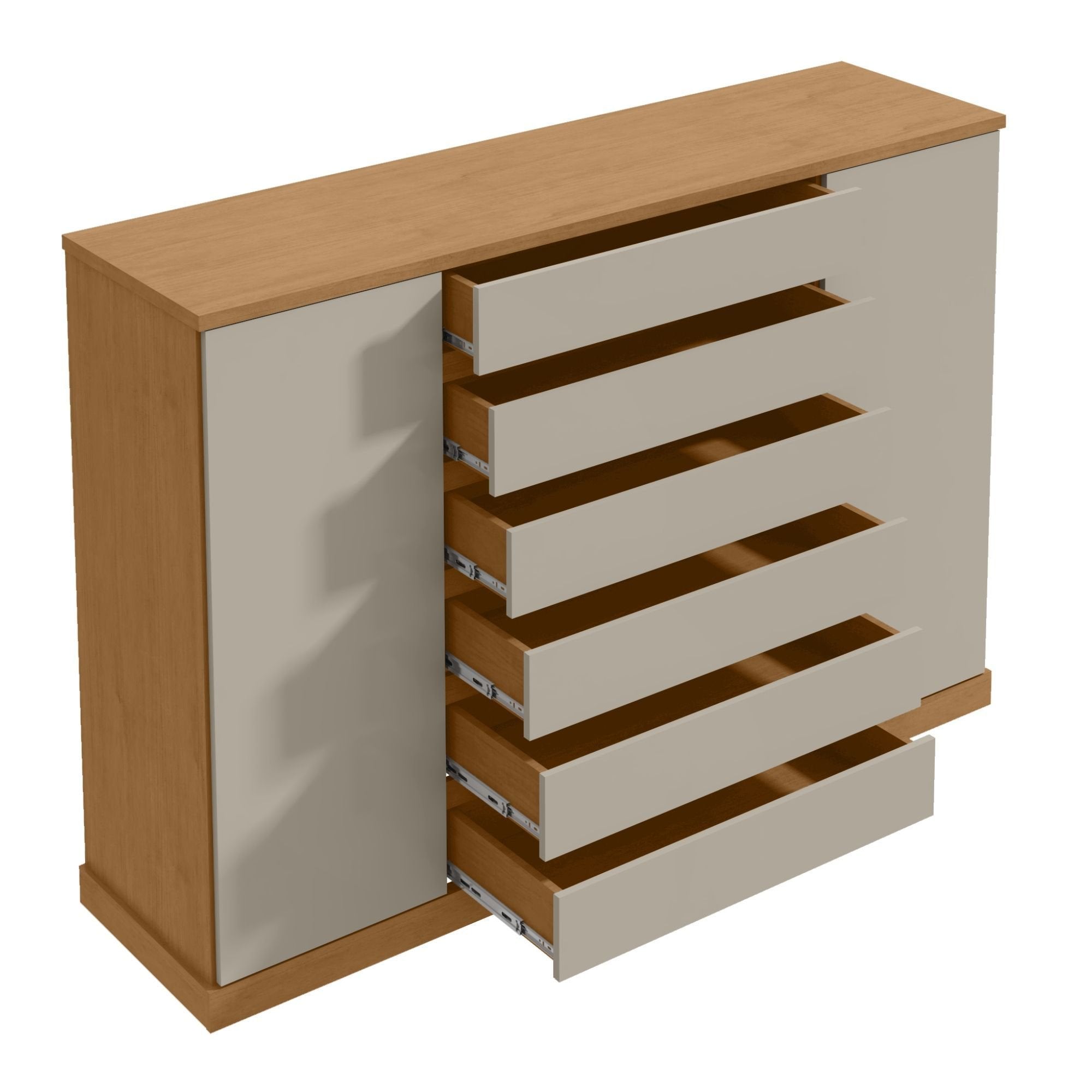 Cômoda 2 Portas 7 Gavetas com Chave e Prateleiras Vedra Móveis Lopas Amêndoa Clean/Off White