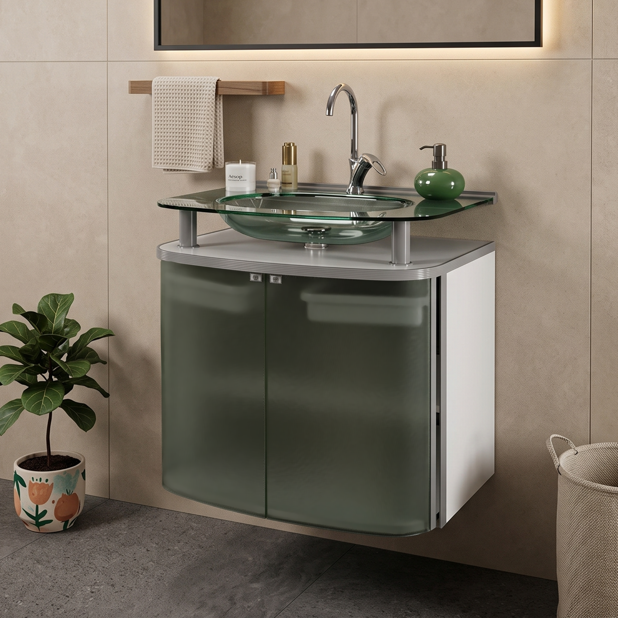 Gabinete para Banheiro Suspenso Cris Metal Standard 62,5cm Cuba de Vidro Branco
