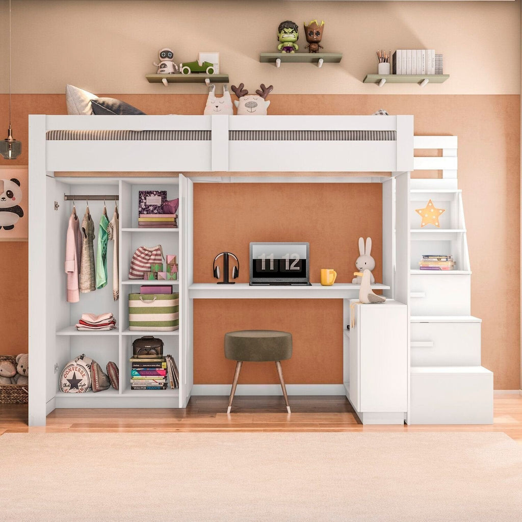 Cama Alta Beliche Office Infantil com Roupeiro e Escrivaninha Moon Yescasa Branco