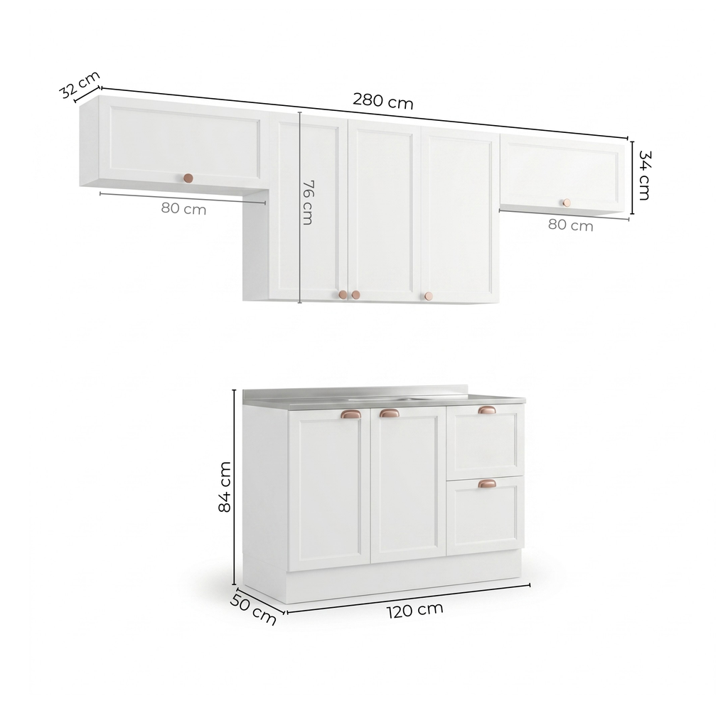 Cozinha Completa Modulada 4 Peças com Balcão para Pia sem Tampo Unna Yescasa Branco