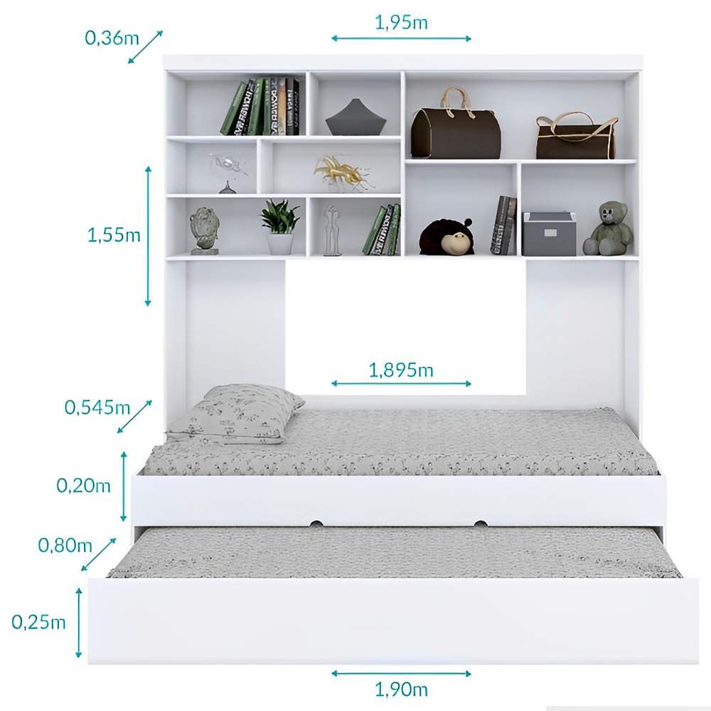 Quarto Infantil Chiara 4 Peças Roupeiro 2 Portas Módulo Aéreo Cama com Auxiliar Branco Phoenix Baby