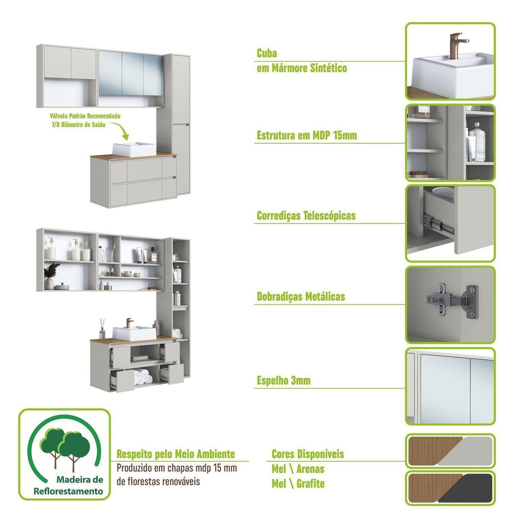 Conjunto para Banheiro Modulado 176cm 4 Peças Gabinete Suspenso com Cuba Berlin Art in Móveis Arenas