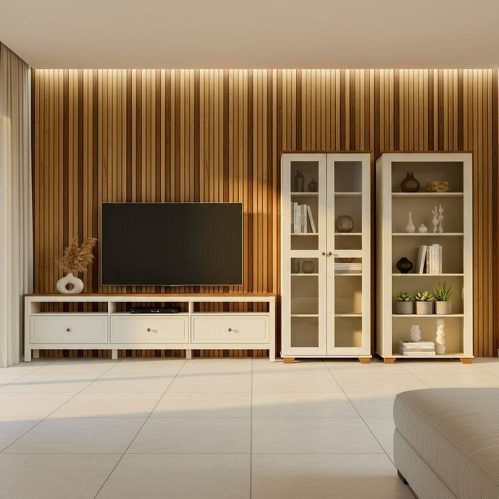 Conjunto Sala de Estar Ananda Rack Estante e Cristaleira Madeira Maciça Off White/Mel CabeCasa MadeiraMadeira