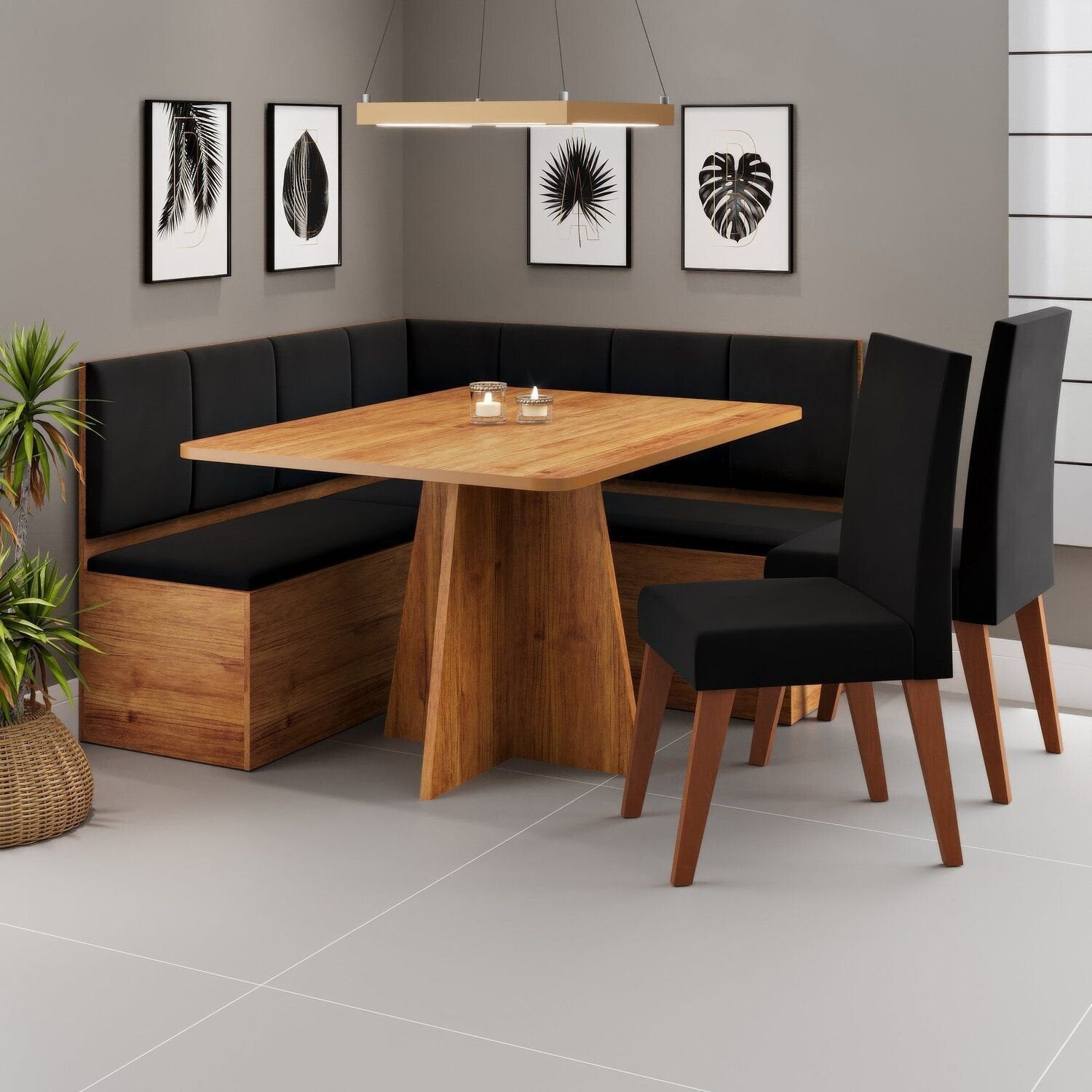 Conjunto Canto Alemão com Baú Mesa 120x77,5cm Tampo sem Vidro com 2 Cadeiras Milão Viero