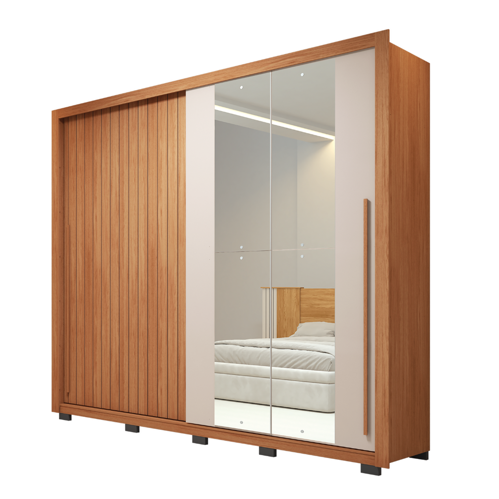 Guarda-Roupa Casal Ripado 2 Portas 4 Gavetas com Espelho Suburban Caemmun 100% MDP/MDF Freijó/Off White