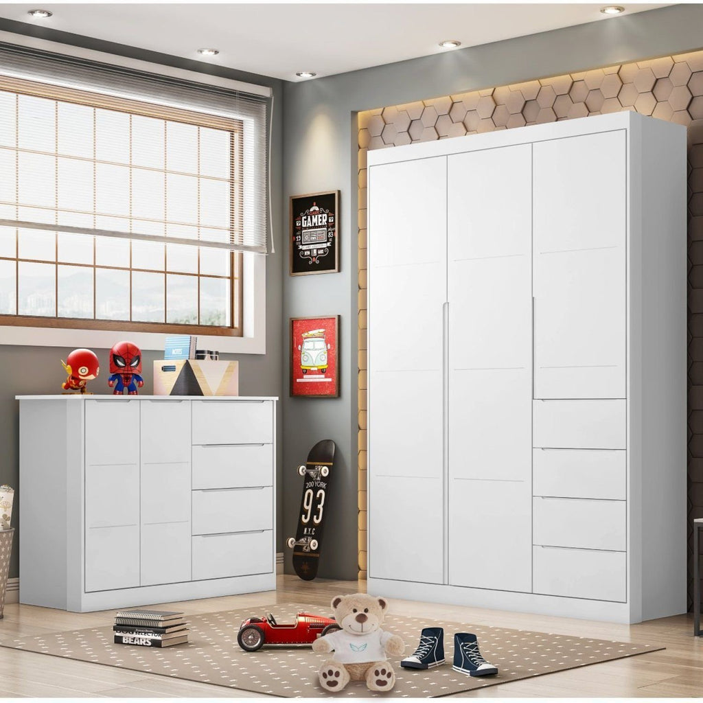 Quarto Infantil Completo Guarda-Roupa 3 Portas 4 Gavetas e Cômoda 4 Portas Eloá Branco Phoenix Baby