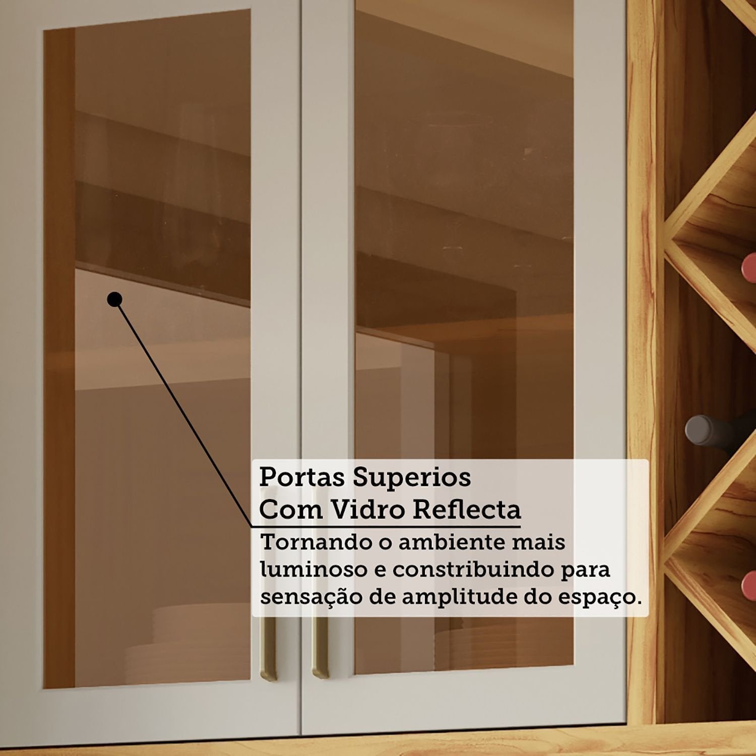 Cozinha Completa Modulada Barbados 7 Peças 16 Portas com Vidro e Tampo 100% MDF Espresso Móveis Bege/Amêndoa/Off White