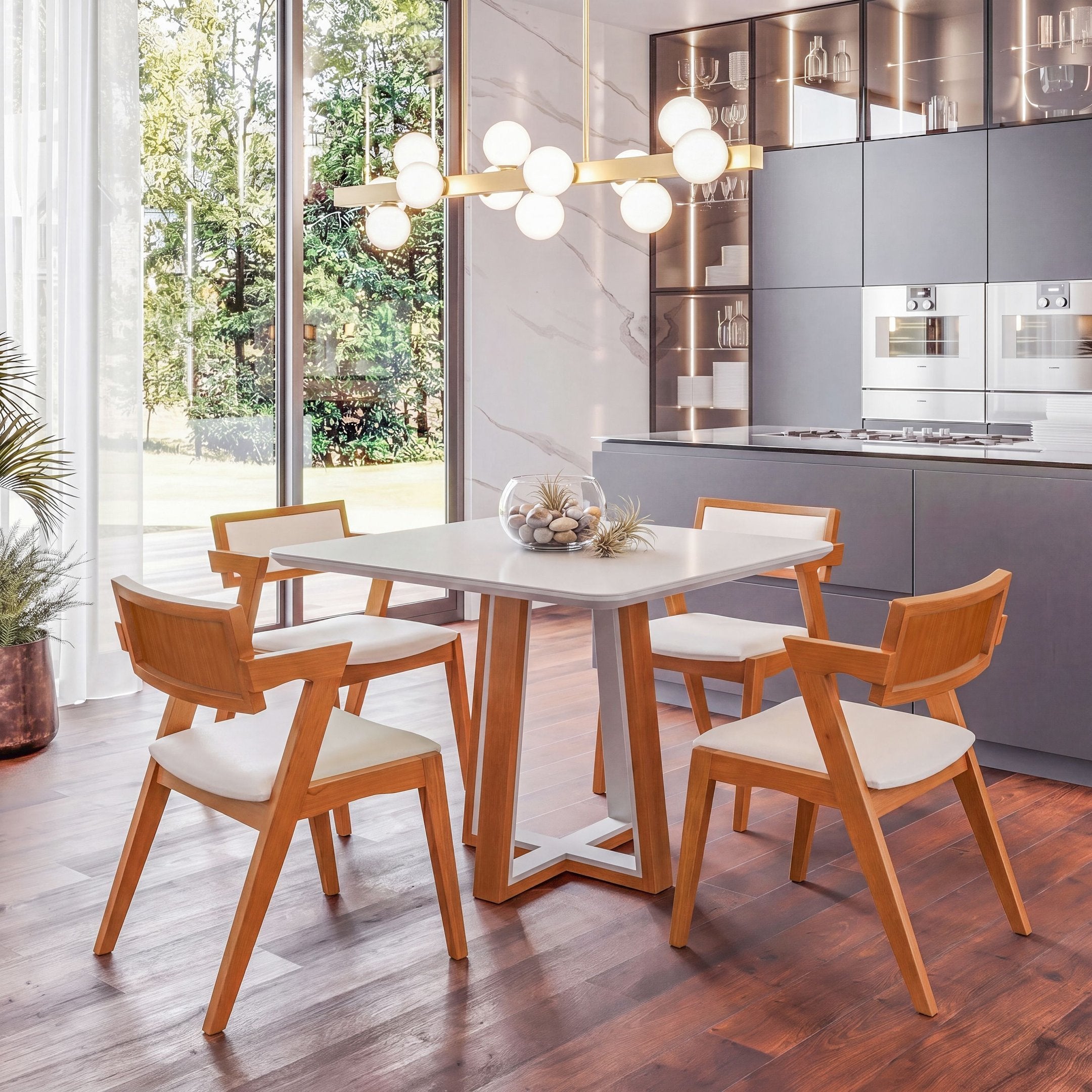 Conjunto Sala de Jantar Mesa Viena Tampo Vidro/MDF com 4 Cadeiras Ímola Authentic Espresso Móveis Champagnhe/Off White