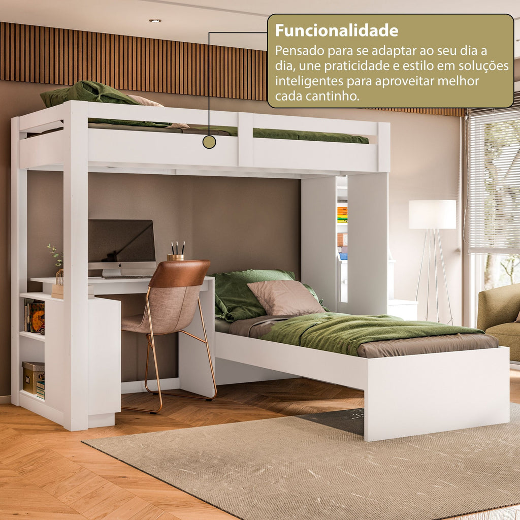 Beliche Office Adulto Moon com Escrivaninha em L Nichos e Escada 2 Portas e 2 Gavetas Yescasa Branco