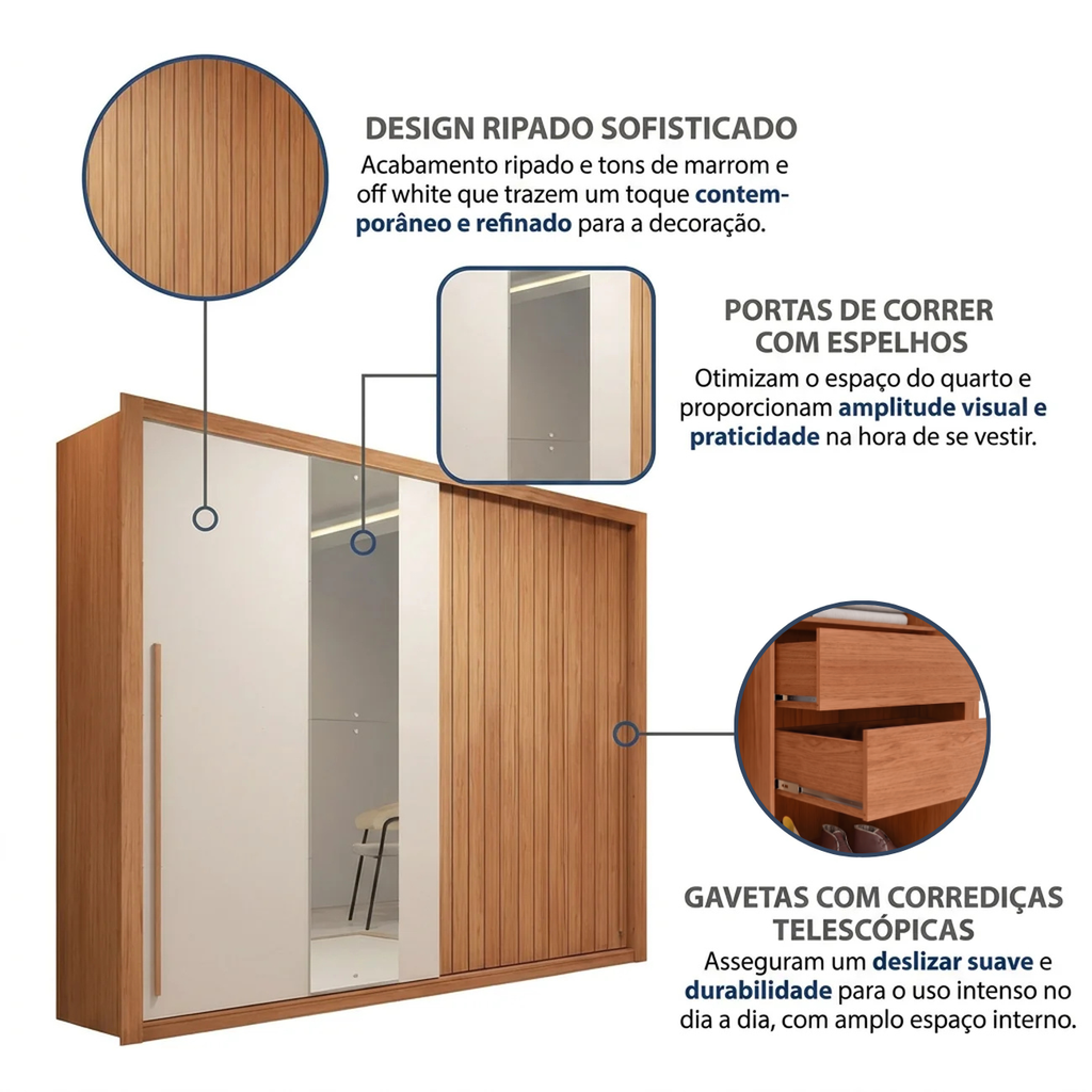 Guarda-Roupa Casal 2 Portas de Correr Ripado com Espelho Suburban Espresso Móveis MDP/MDF Freijó/Off White