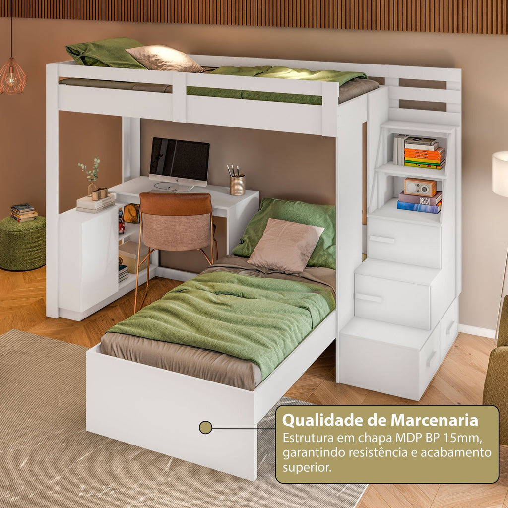 Beliche Office Adulto Moon com Escrivaninha em L Nichos e Escada 2 Portas e 2 Gavetas Yescasa Branco
