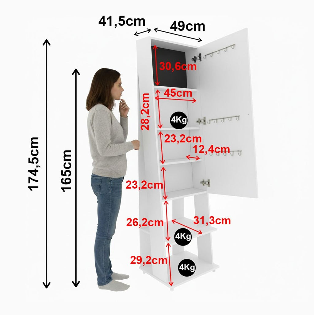Espelho de Chão Grande Retangular 175x49cm 2 Prateleiras Porta Acessórios Retrô PE2024 Tecno Mobili Branco