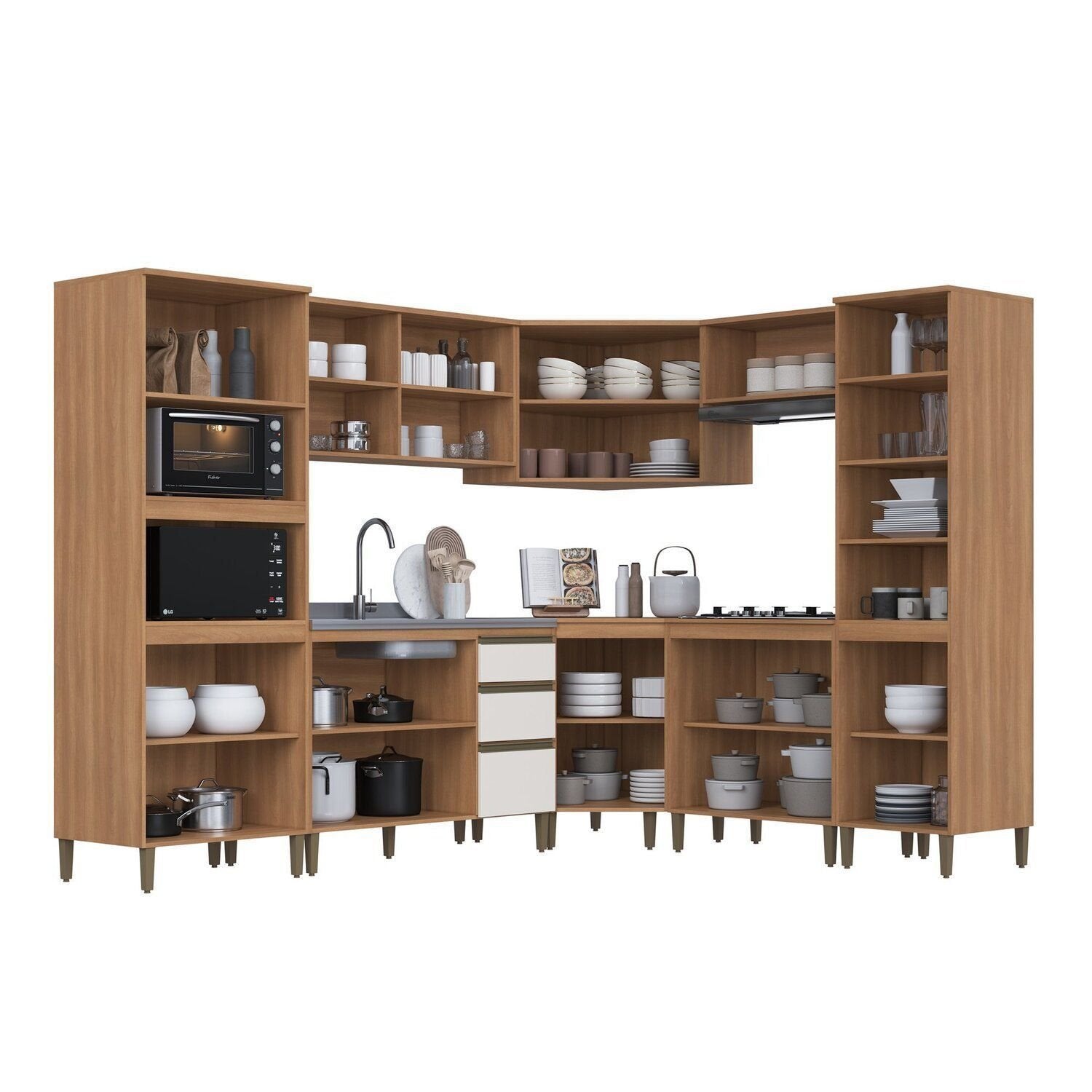 Cozinha Completa Modulada Cecília J Carvalho 8 Peças Torre Quente Paneleiro Canto Oblíquo Vidro Reflecta Marrom/Freijó/Off White