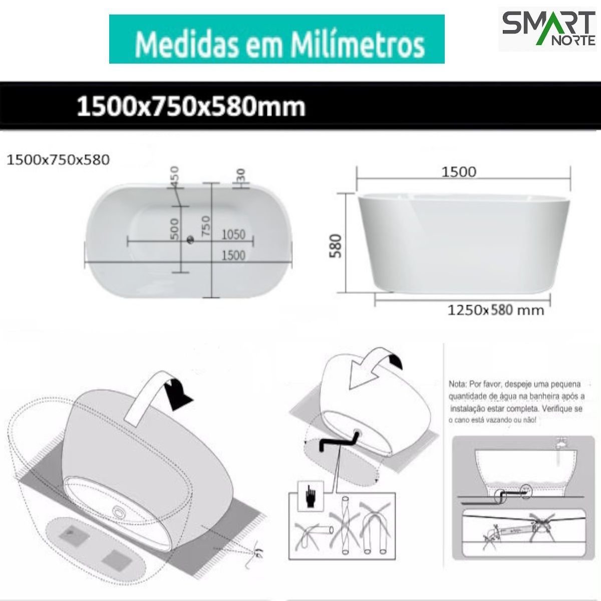 Banheira Imersão Freestanding Acrílica Premium 150cm Smart Norte
