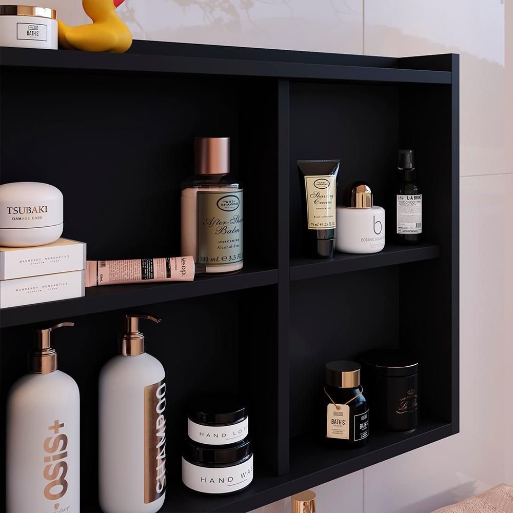 Espelheira para Banheiro Suspensa Luxo DESAN 1 Porta com Prateleira 60cm Preto