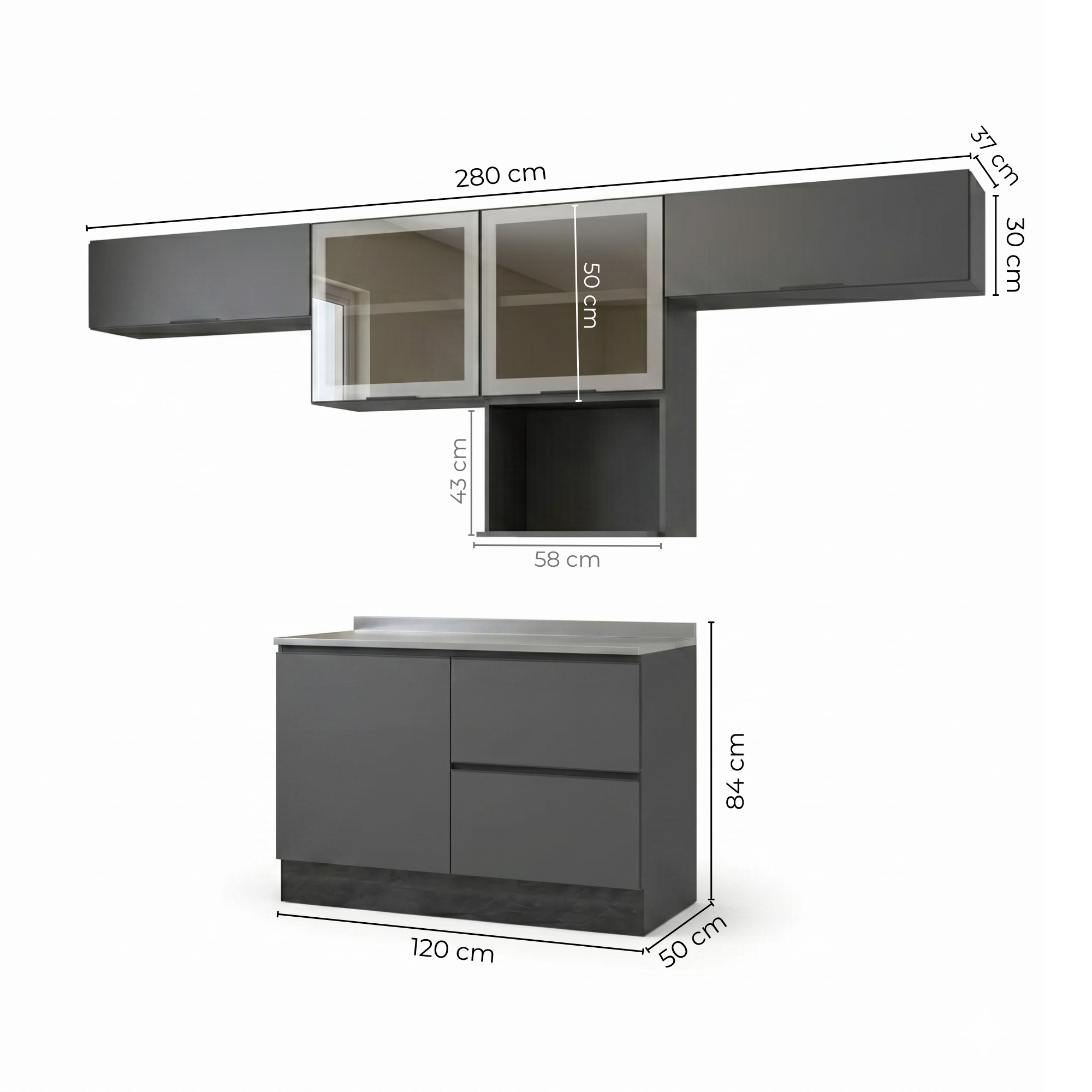 Cozinha Completa Modulada 5 Peças com Nicho para Micro-Ondas e Balcão para Pia sem Tampo Etna Poliman Móveis Grafite/Preto