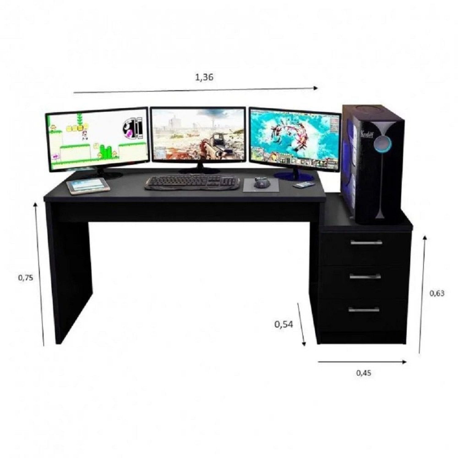 Mesa Gamer Escrivaninha DRX5000 3 Gavetas 178cm Móveis Leão