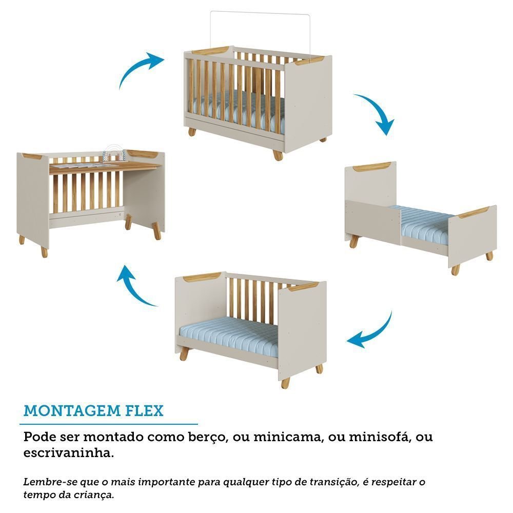 Quarto de Bebê Cômoda e Berço Minicama 4 em 1 Levy 100% MDF Espresso Móveis Bege/Amêndoa/Off White
