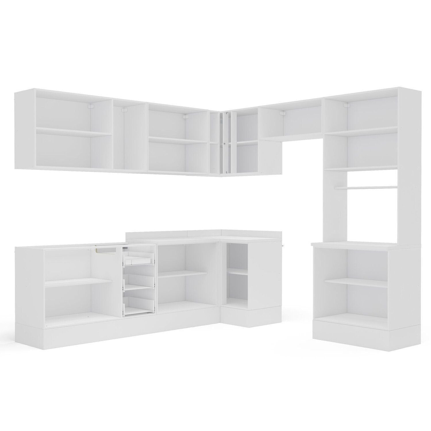 Cozinha Completa Modulada Pérola Yescasa 9 Peças Torre Quente Aéreo Balcão Basculante Canto Rodapé Branco/Azul