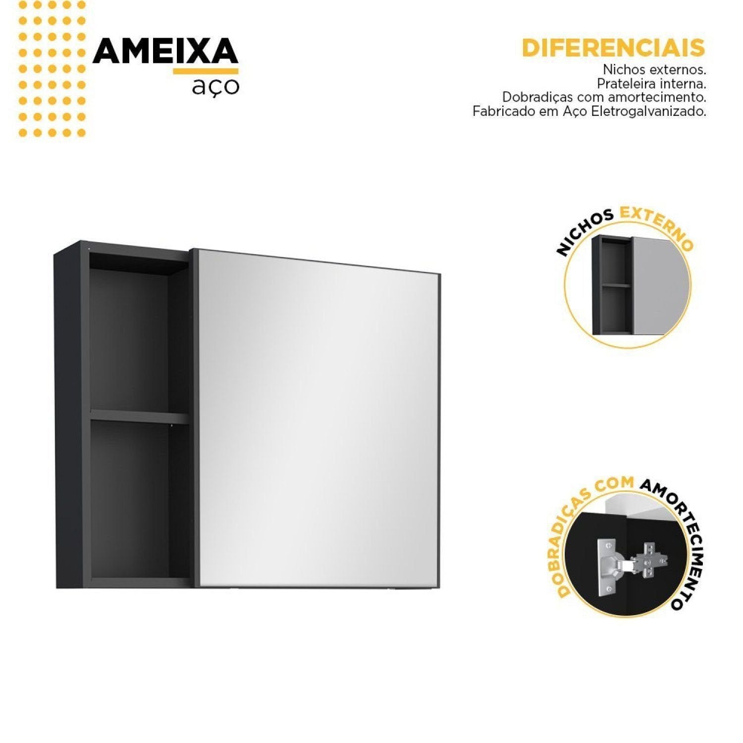 Espelheira para Banheiro Cozimax Ameixa 1 Porta 2 Nichos 60cm Preto