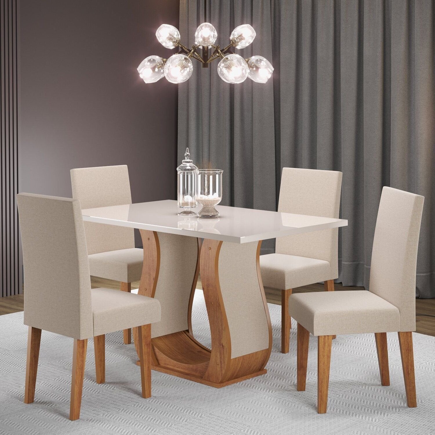 Conjunto Sala de Jantar Mesa Retangular Tampo Vidro/MDF com 4 Cadeiras Inovare Viero Bege
