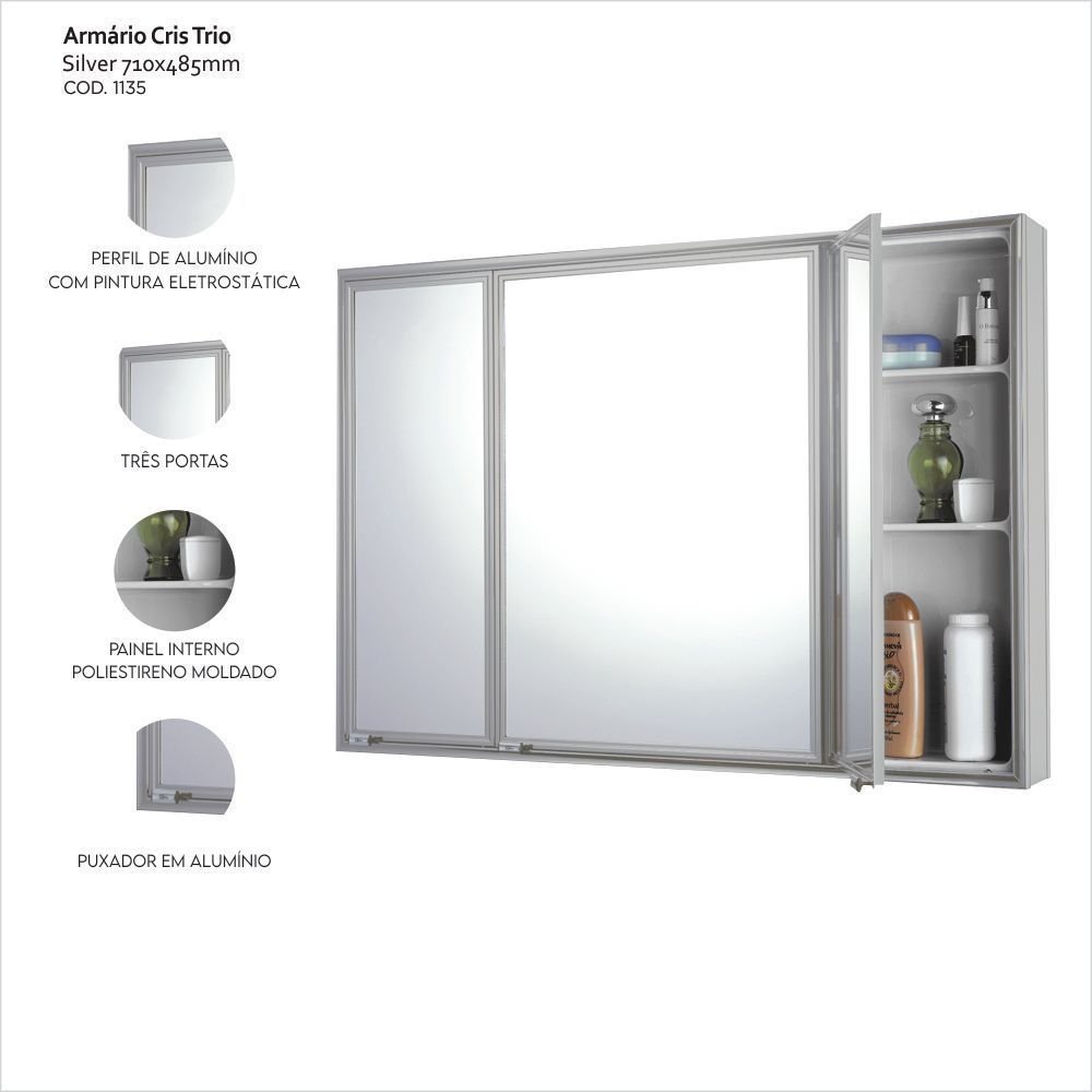Espelheira para Banheiro Cris Metal Trio Silver 3 Portas 71cm x 48,5cm Prata
