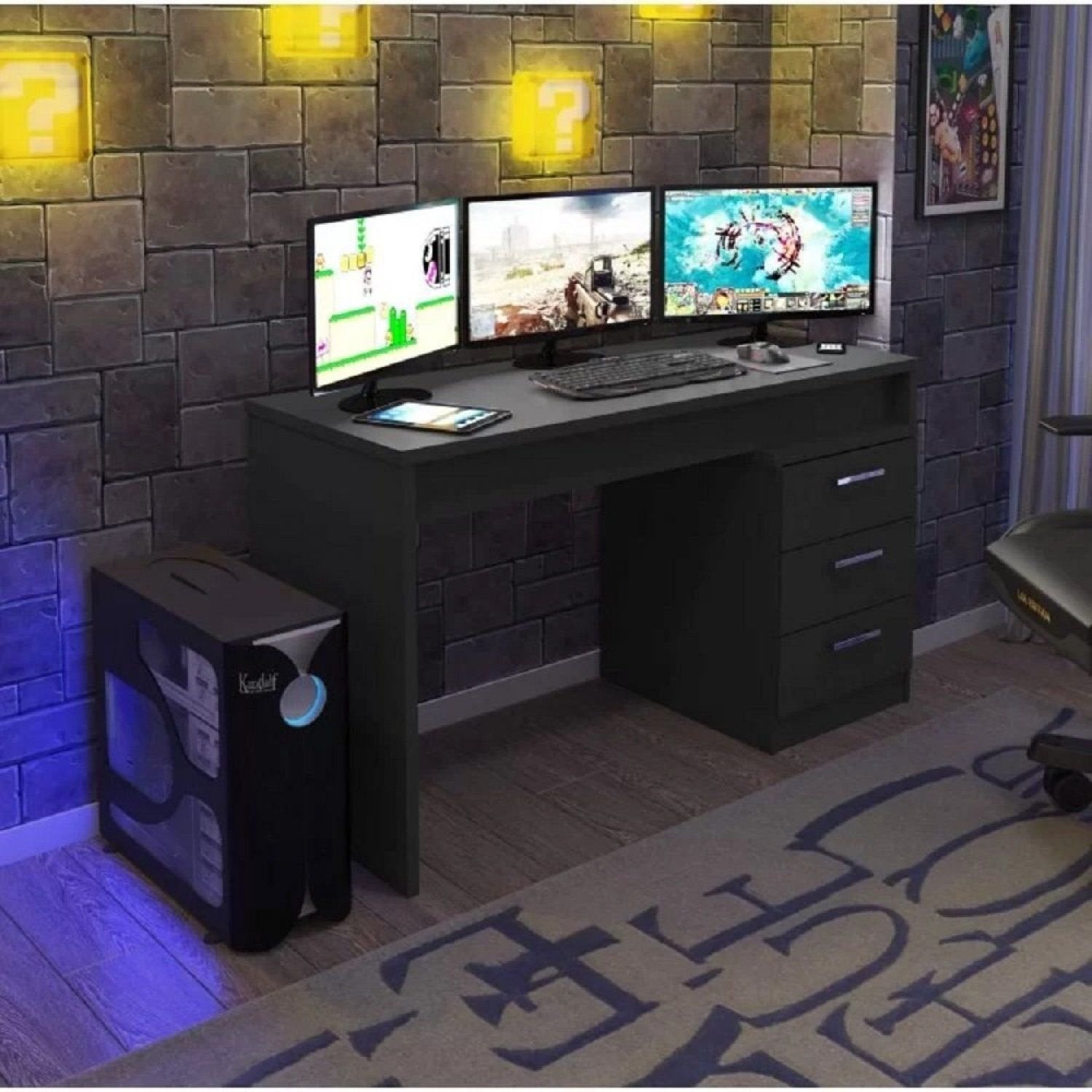 Mesa Gamer Escrivaninha DRX5000 3 Gavetas 178cm Móveis Leão
