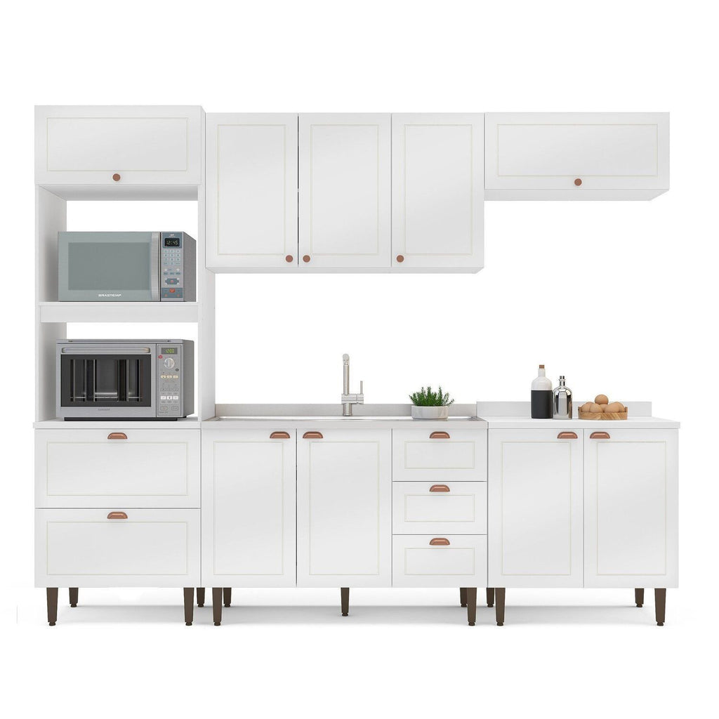 Cozinha Completa Modulada Pérola Yescasa 5 Peças Torre Quente Aéreo 3 Portas Balcão 120 Balcão 80 Basculante Branco