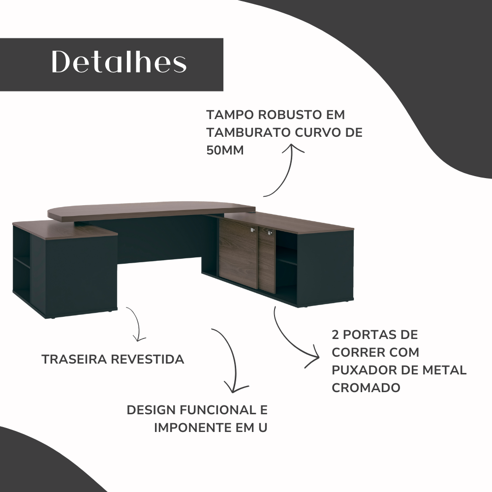 Escrivaninha Mesa Escritório Presidente Tamburato 4 Gavetas 2 Portas 258,2cm Charuto e Preto Artany