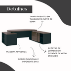 Escrivaninha Mesa Escritório Presidente Tamburato 4 Gavetas 2 Portas 258,2cm Charuto e Preto Artany
