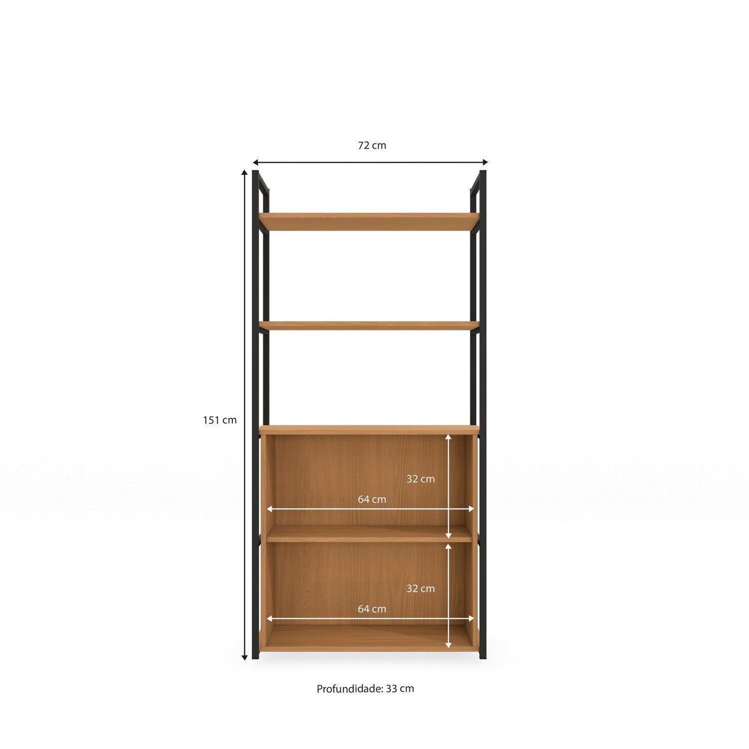 Estante de Livros Industrial em Aço com 2 Portas e 2 Prateleiras 151x72cm Canela/Preto