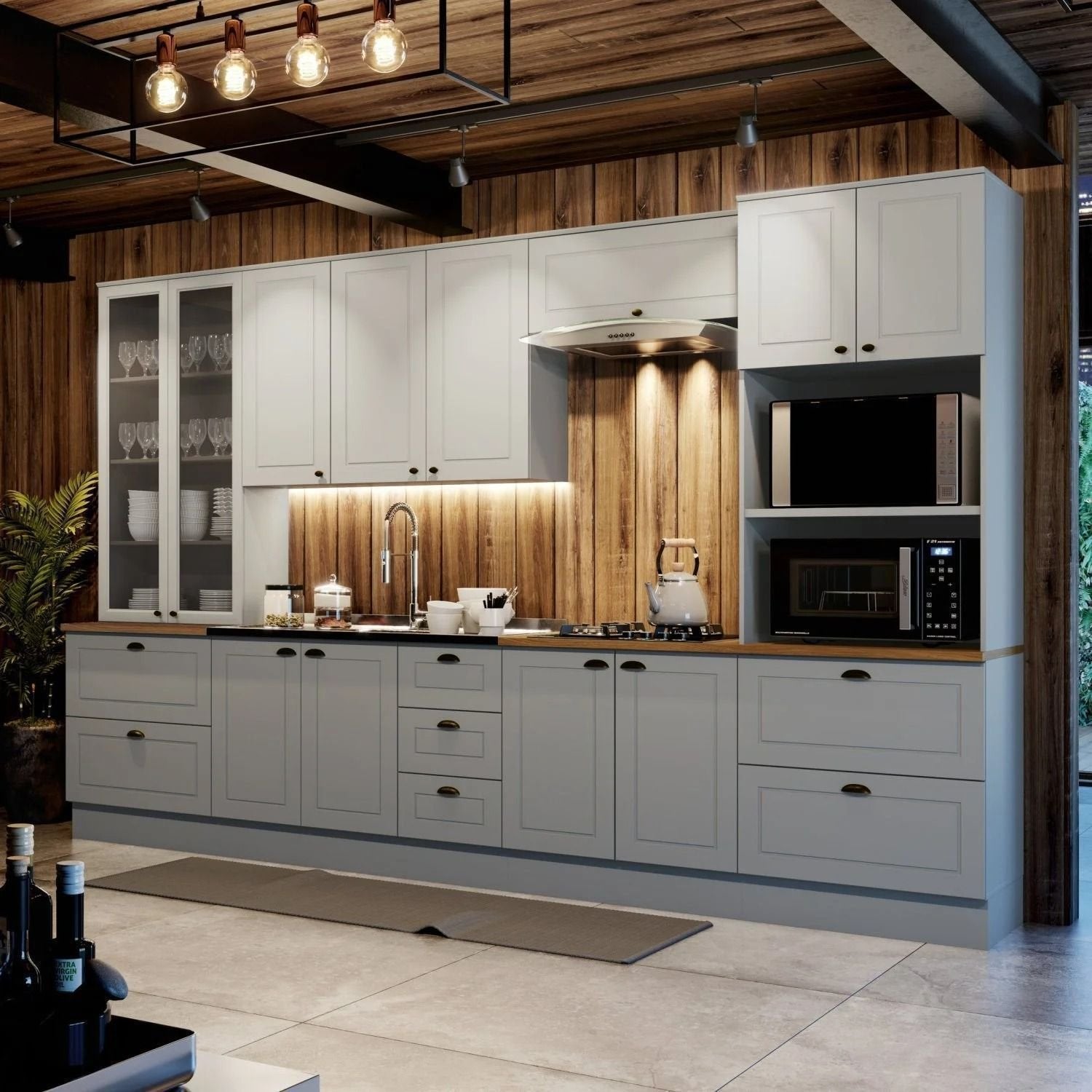 Cozinha Completa Modulada 6 Peças com Cristaleira Emily Espresso Móveis Cinza/Nature