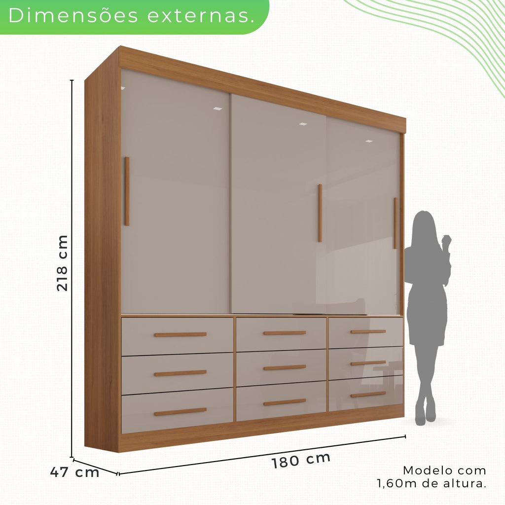 Guarda-Roupa Casal 3 Portas 9 Gavetas Luana Sallêto Móveis Off White/Cinamomo