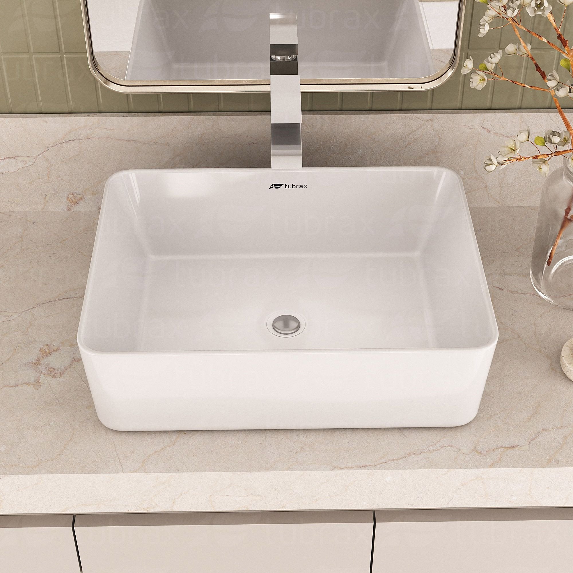 Cuba Banheiro Lavabo Cerâmica Retangular Branca Apoio Tubrax BAB0003