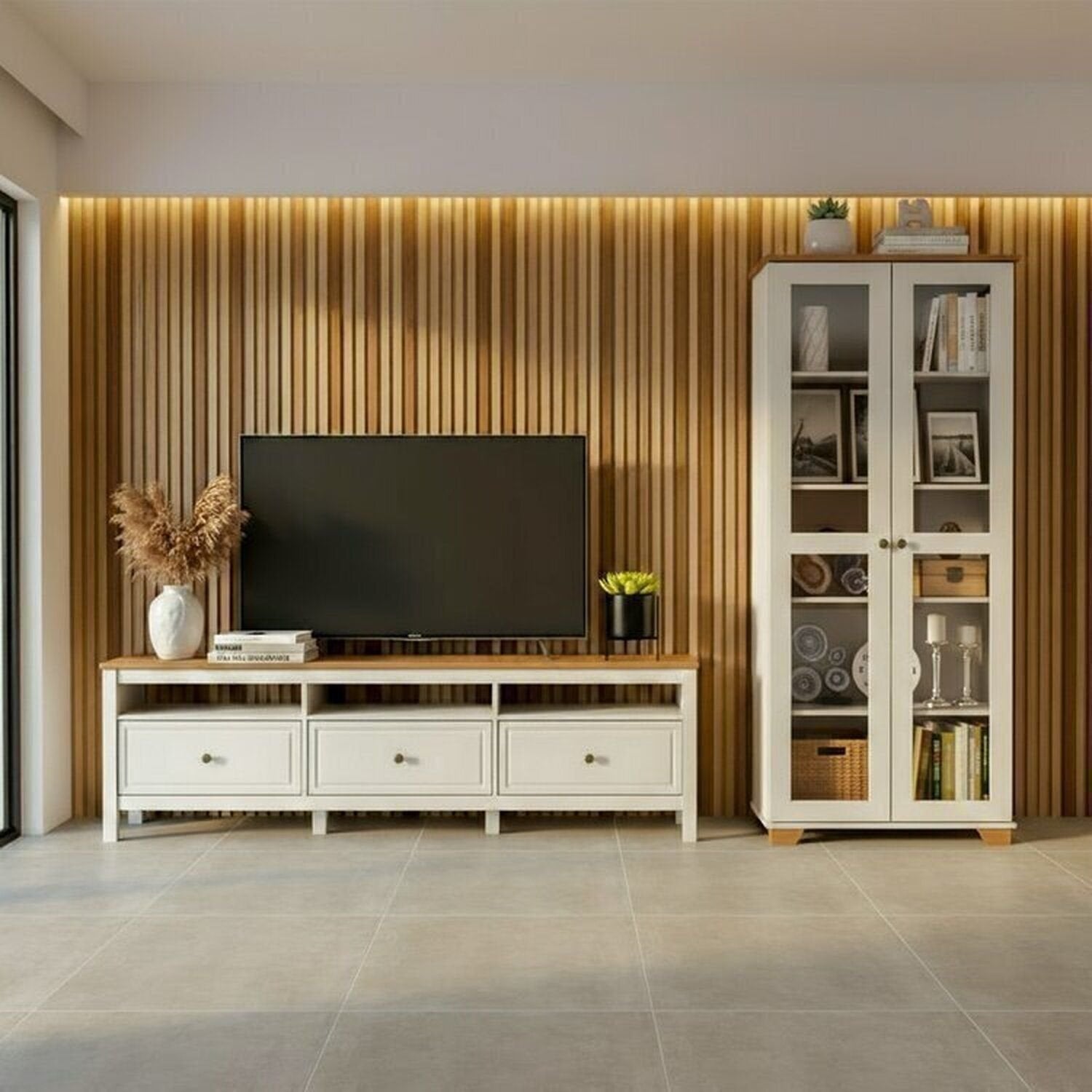 Conjunto Sala de Estar 2 Peças Rack e Cristaleira Ananda CabeCasa MadeiraOriginals Off White/Mel