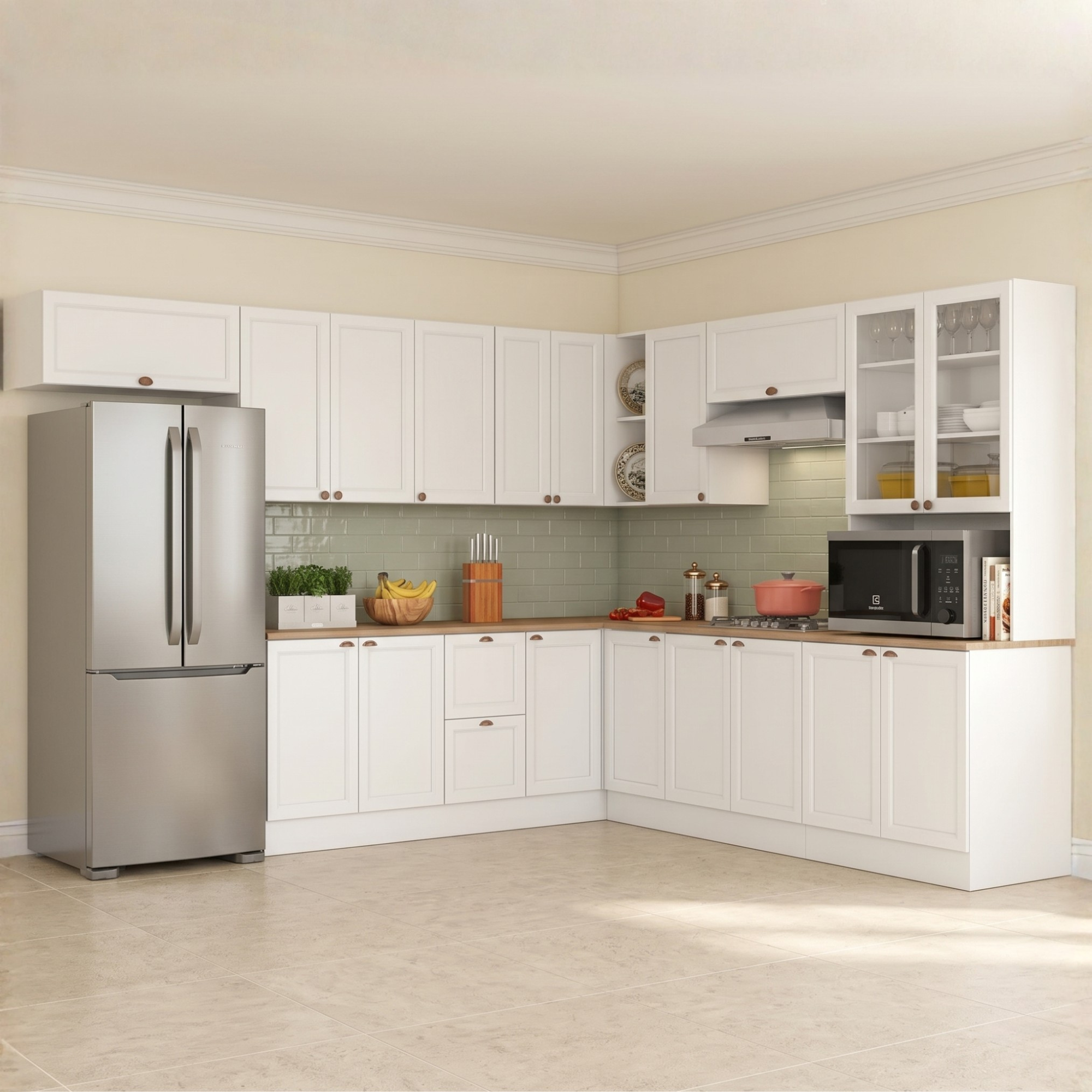 Cozinha Completa Modulada Americana 10 Peças Unna com Paneleiro Torre Quente, Nichos e Balcão com Tampo Yescasa Branco