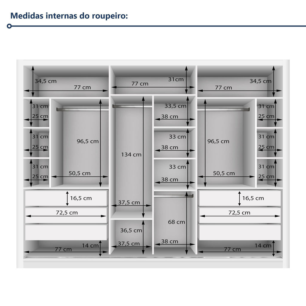 Guarda-Roupa Casal 3 Portas de Correr 6 Gavetas Premium Liv Yescasa MDP Branco