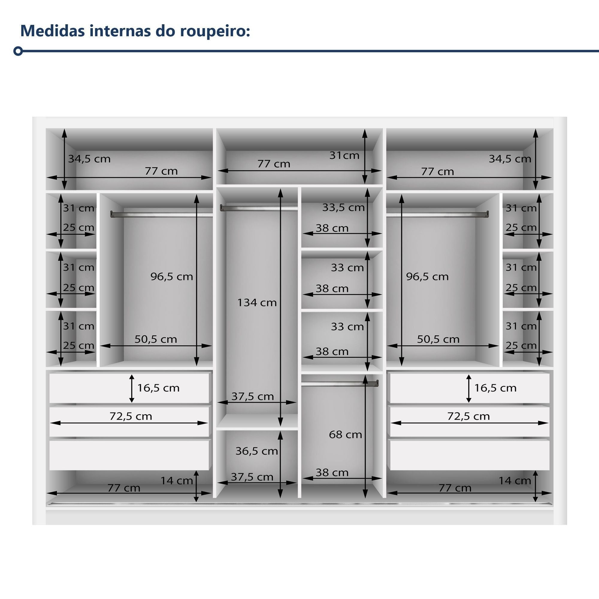 Guarda-Roupa Casal 3 Portas de Correr 6 Gavetas Premium Liv Yescasa MDP Branco