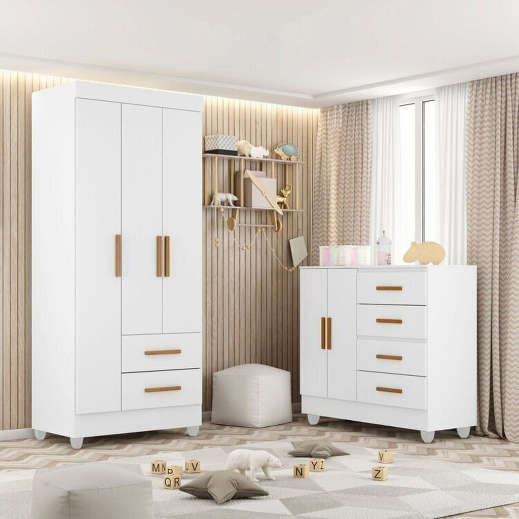 Quarto Bebê Infantil com Guarda-Roupa 3 Portas e 2 Gavetas com Cômoda 4 Gavetas e 2 Portas Lite Móveis Leão Branco