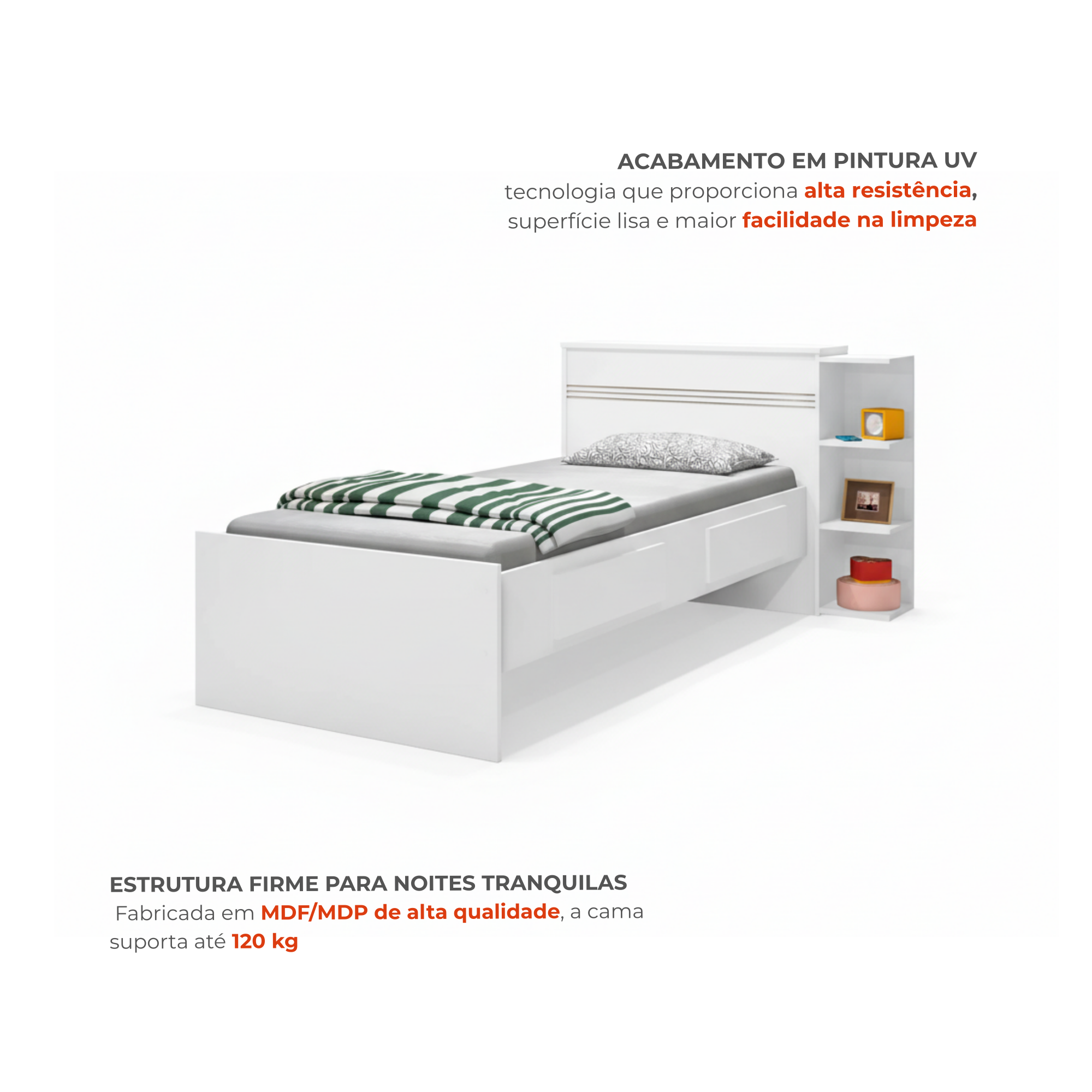 Cama Solteiro com Baú 2 Gavetas e 3 Nichos Jade J&A Móveis Branco