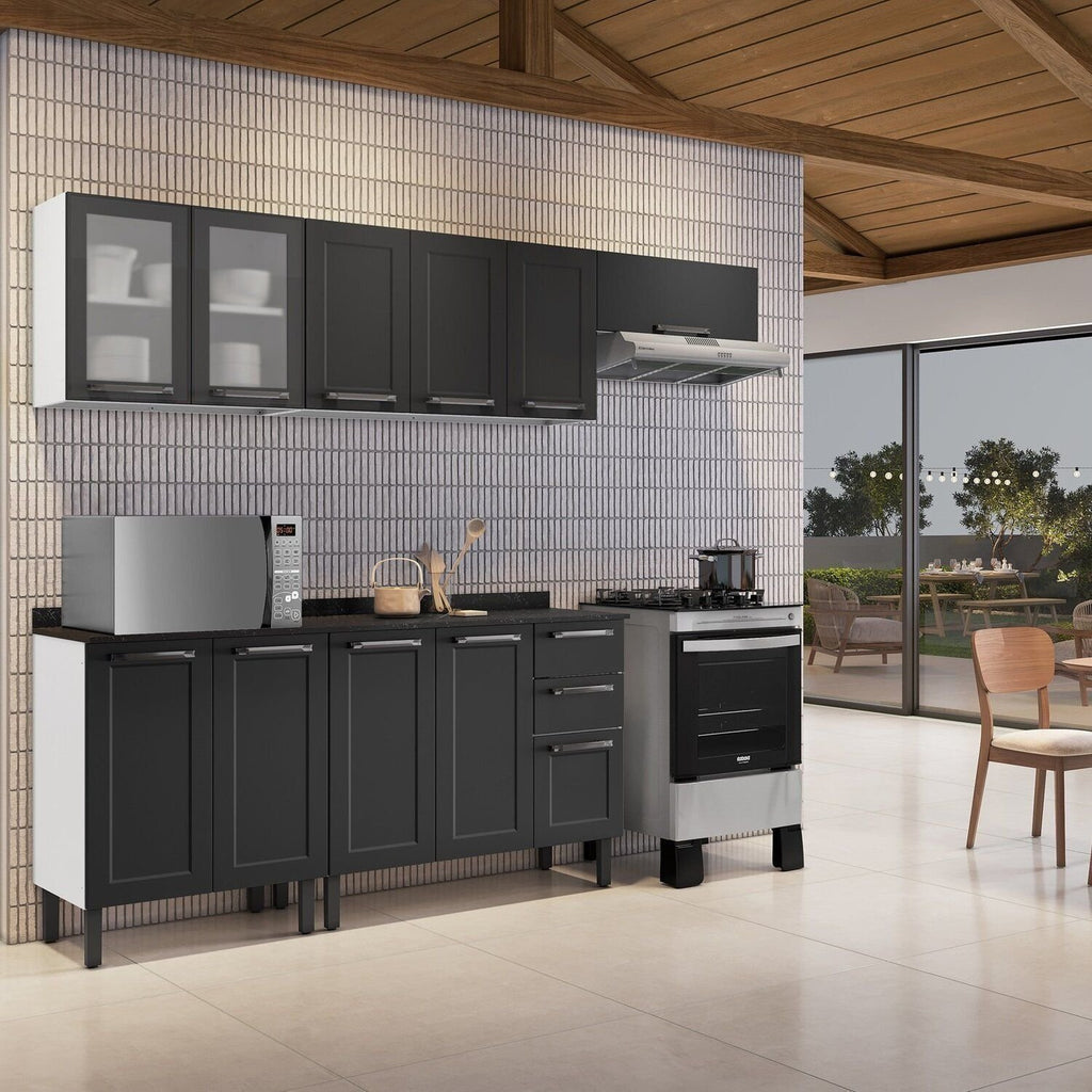 Cozinha Modulada em Aço Florença Itatiaia 5 Peças 11 Portas 2 de Vidro 2 Gavetas Cinza/Branco/Grafite