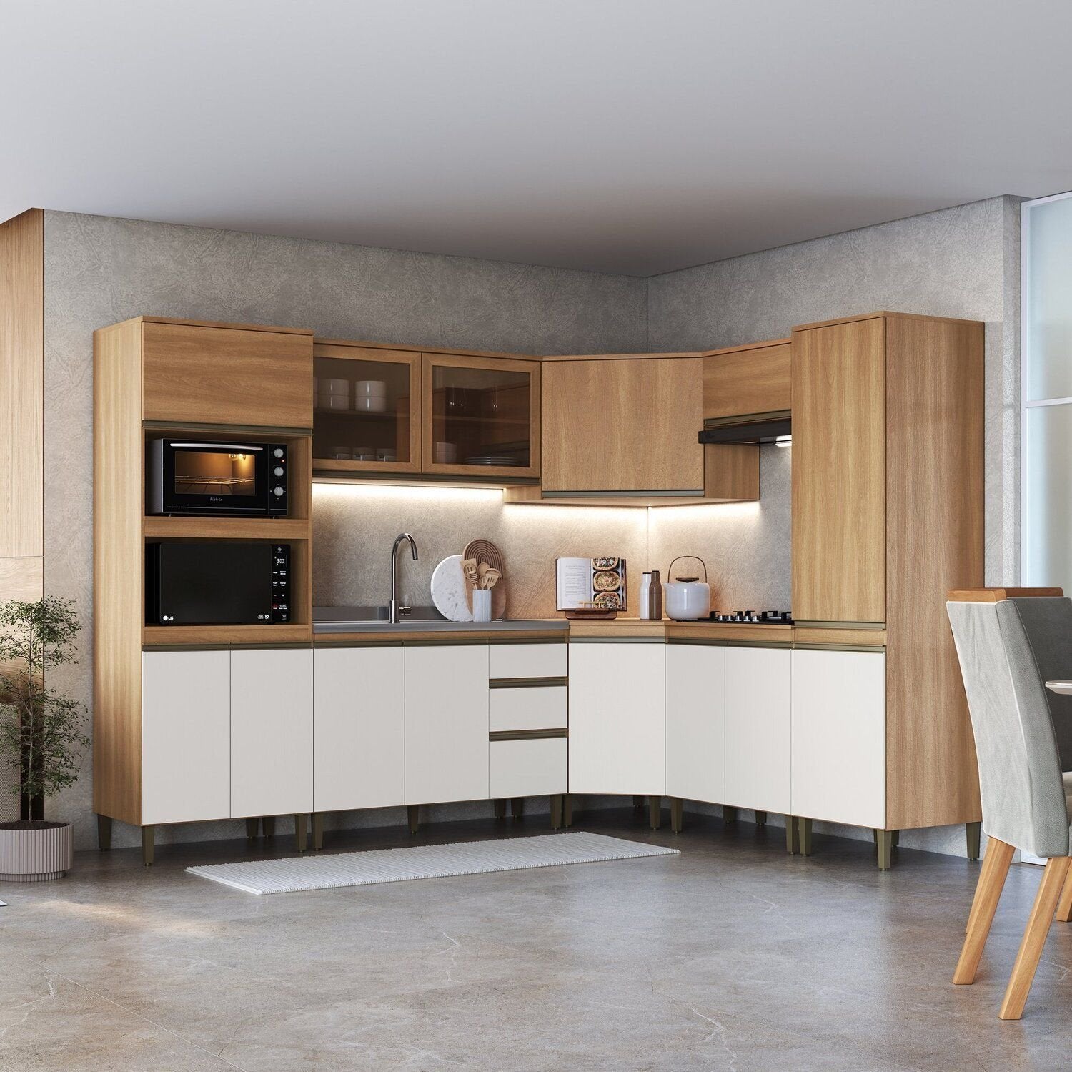Cozinha Completa Modulada Cecília J Carvalho 8 Peças Torre Quente Paneleiro Canto Oblíquo Vidro Reflecta Marrom/Freijó/Off White
