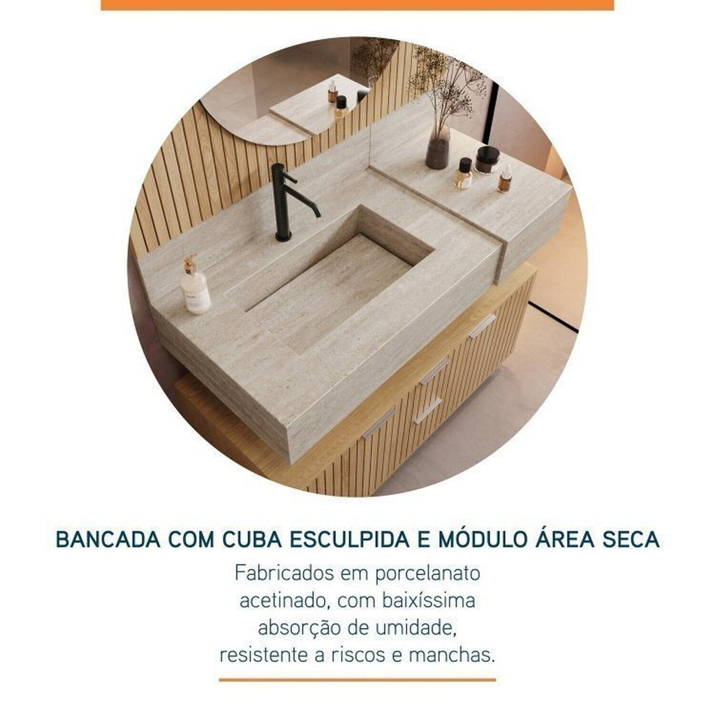 Conjunto para Banheiro Bancada Porcelanato Cuba Esculpida Armário Espelho Ripy Bumi 100cm Amarelo/Wood