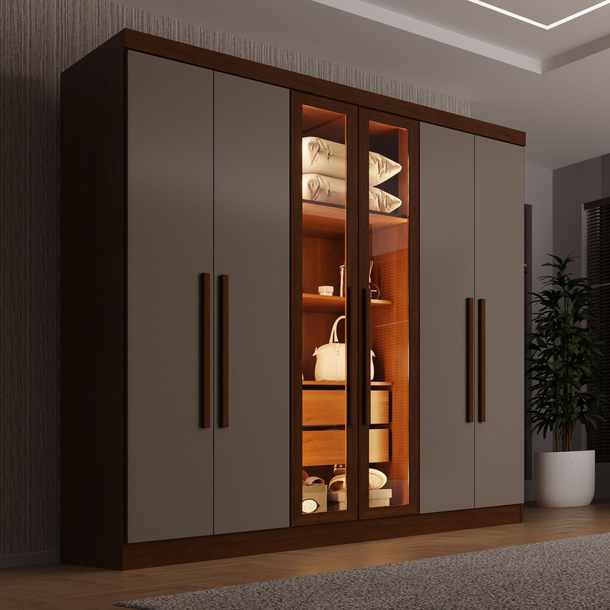 Guarda-Roupa Casal Reflecta com LED 6 Portas 2 Gavetas França Sallêto Móveis Off White/Cinamomo