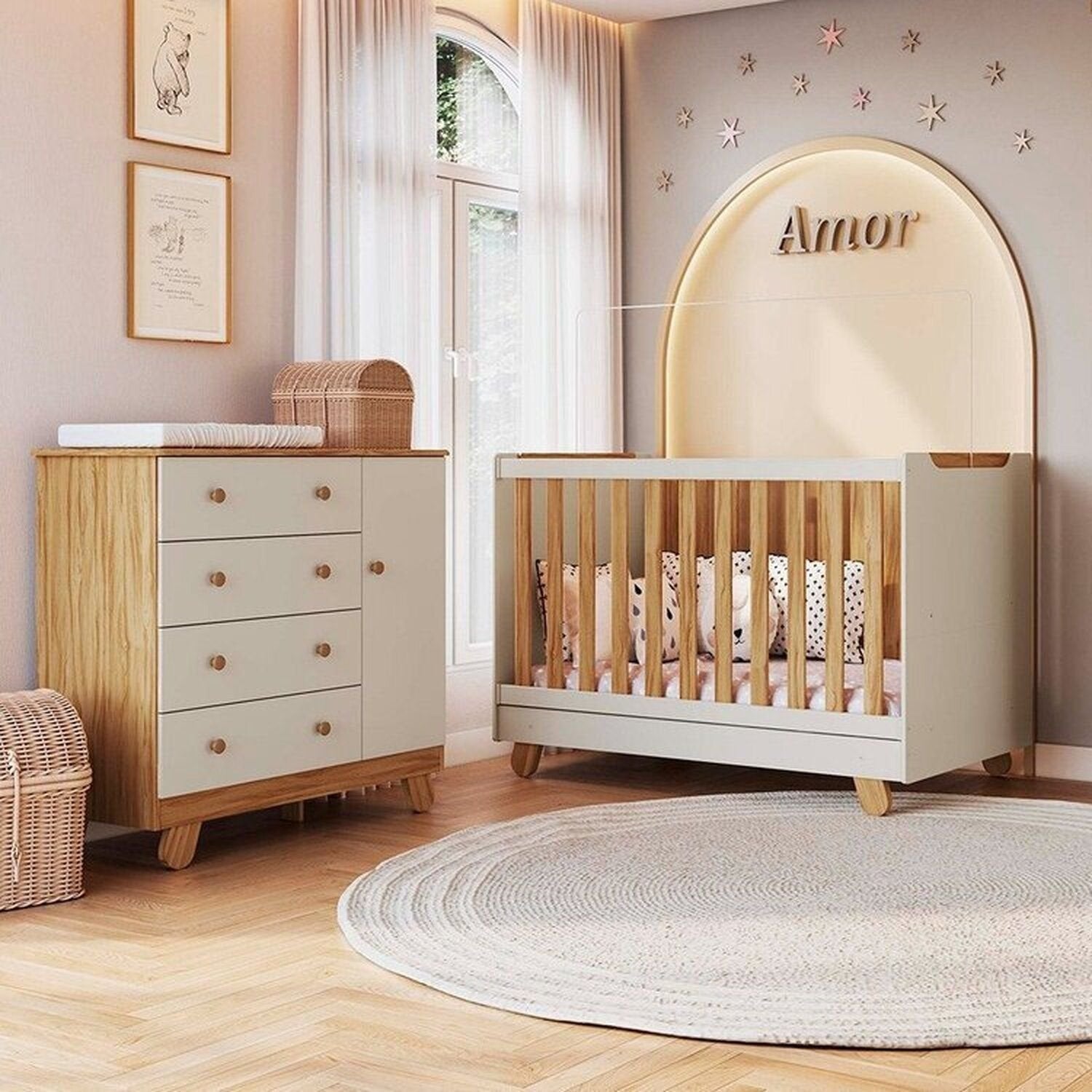 Quarto de Bebê Cômoda e Berço Minicama 4 em 1 Levy 100% MDF Espresso Móveis Bege/Amêndoa/Off White