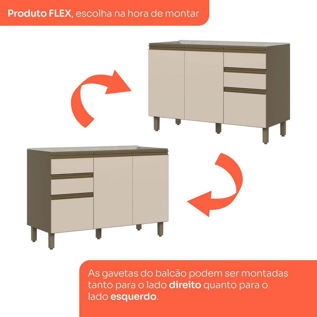 Balcão Pia 2 Gavetas 3 Portas 120cm Connect Henn Cinza/Duna/Cristal